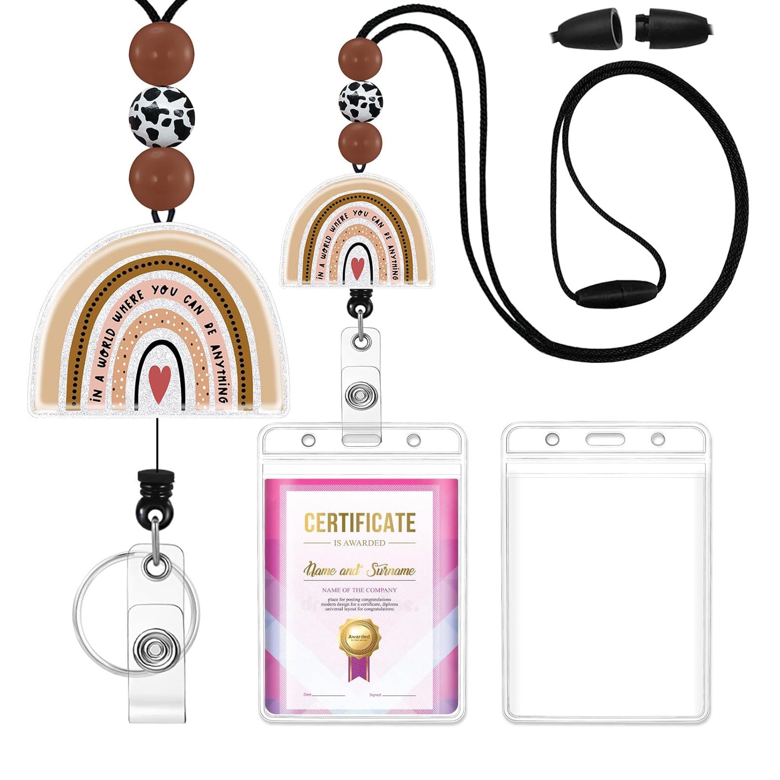 Wholesale Rainbow Leopard Beaded Acrylic Emblem Scroll Retractable Keychain